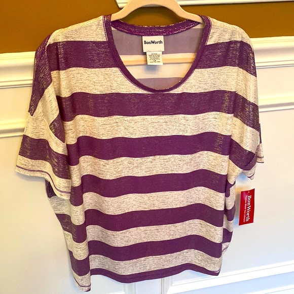 Bon Worth NWT Womens Purple, Cream & Gold Striped Short Sleeve Top - Size LP - Picture 1 of 16